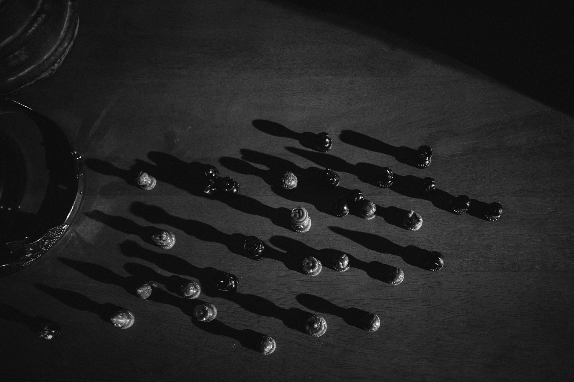 Several small objects casting long shadows on a dark surface.