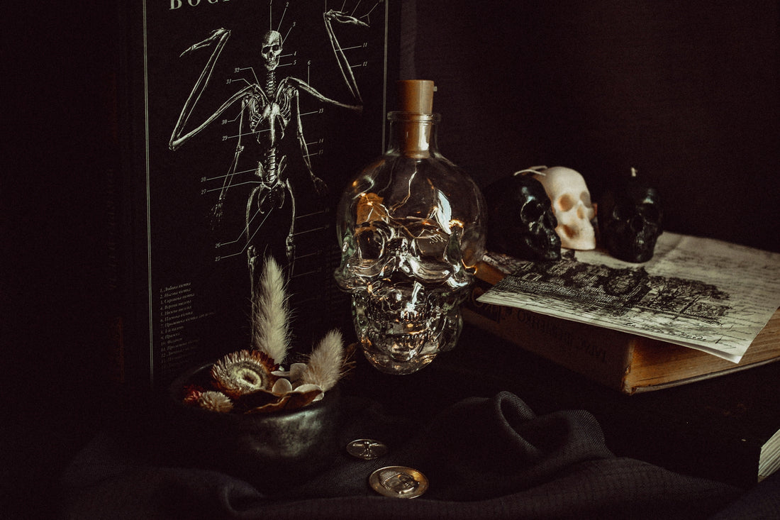 A skull-shaped bottle and anatomical chart