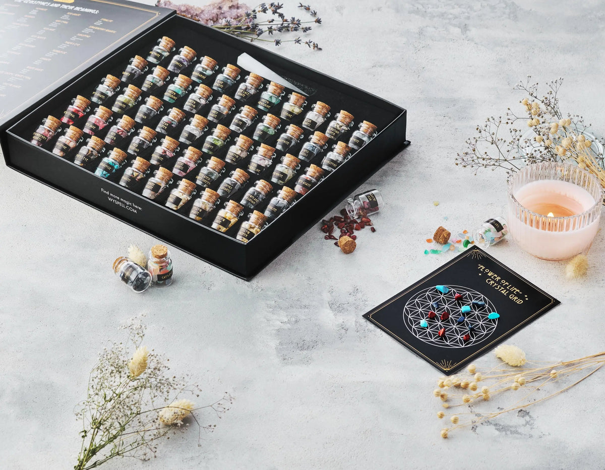 Wyspell 50 PCS gemstone kit in elegant black box with crystal grid mat – premium witchcraft supplies