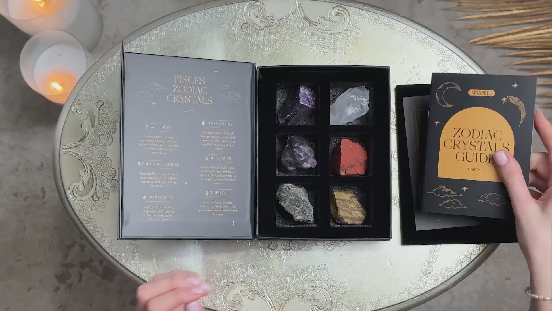 Wyspell Zodiac Crystal Sets: gift boxes, crystal selection and guide demonstration across zodiac signs