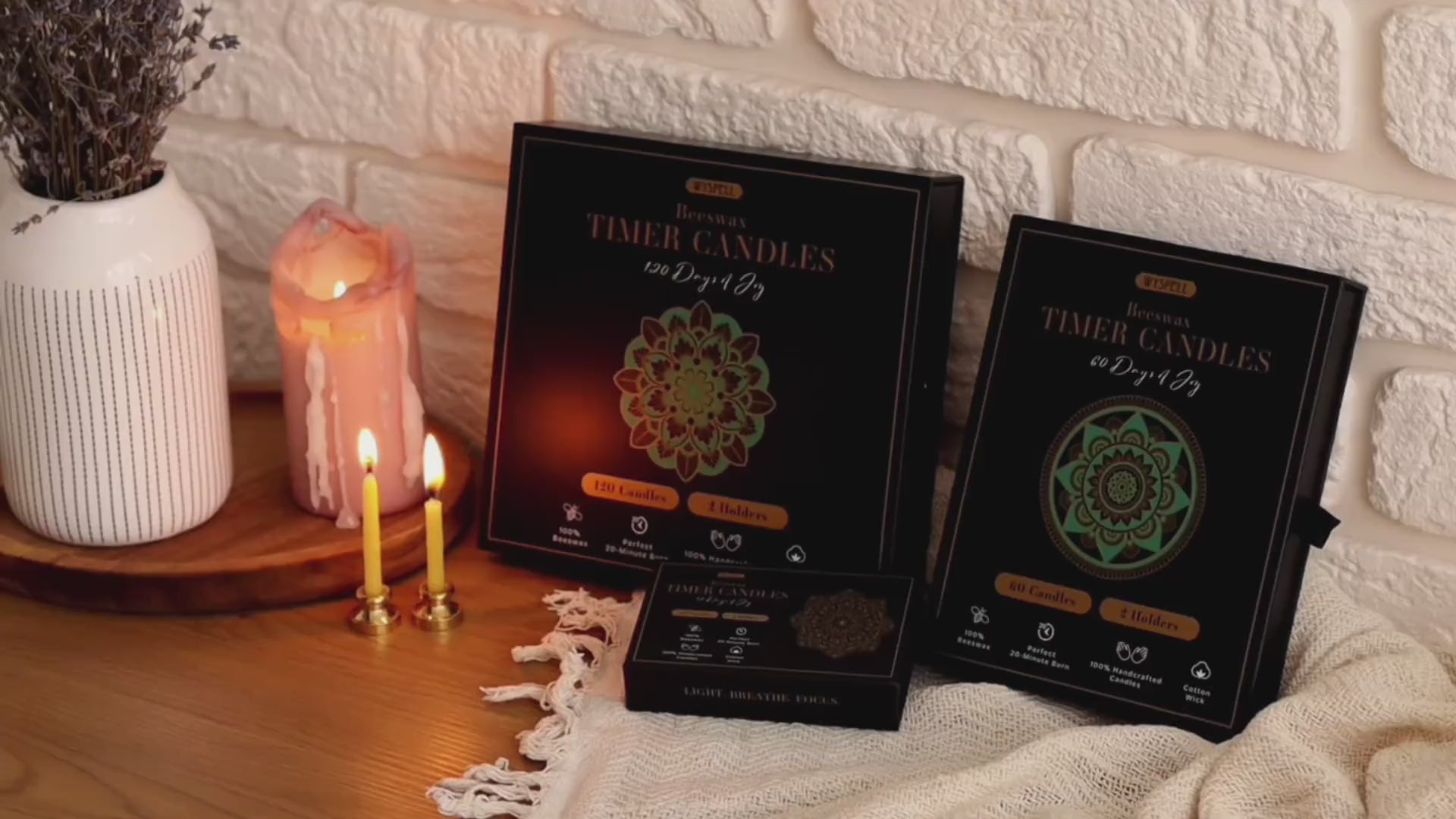 Wyspell beeswax timer candles: 12, 60 and 120 packs, brass holders and candle in use