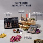 Crystals, salts, dried herbs and flowers, and sandalwood incense included in the kit