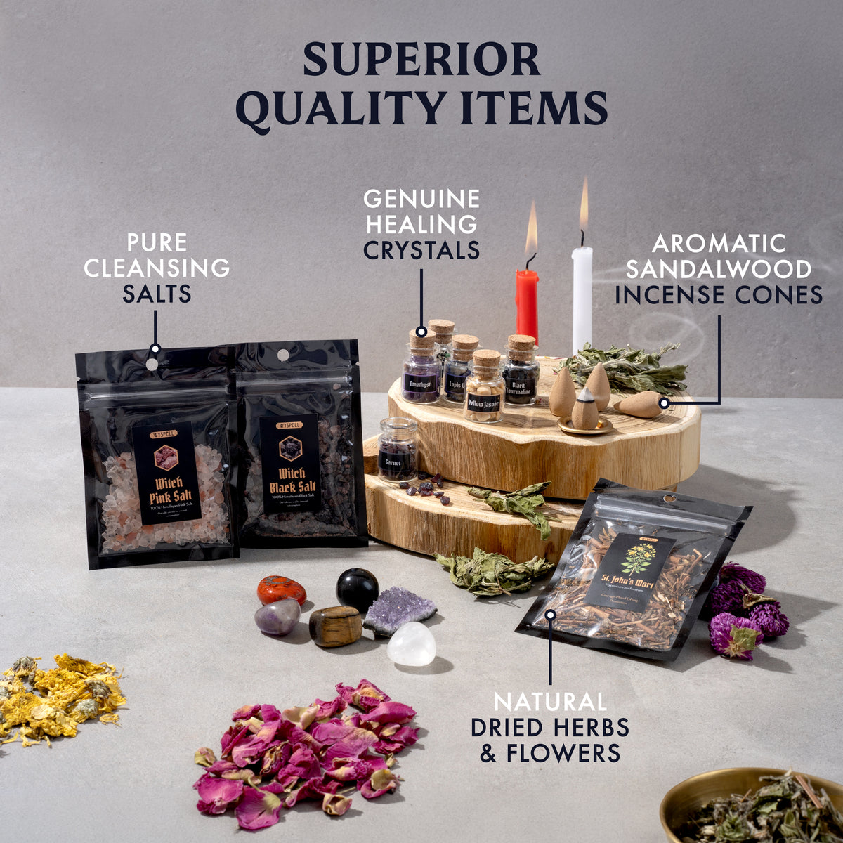 Crystals, salts, dried herbs and flowers, and sandalwood incense included in the kit