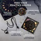 Floral reversible pendulum board and crystal grid with altar cloth and crystal-holder jewelry