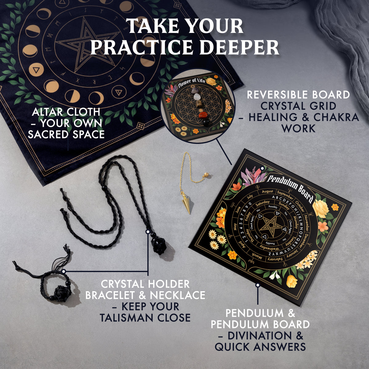 Floral reversible pendulum board and crystal grid with altar cloth and crystal-holder jewelry