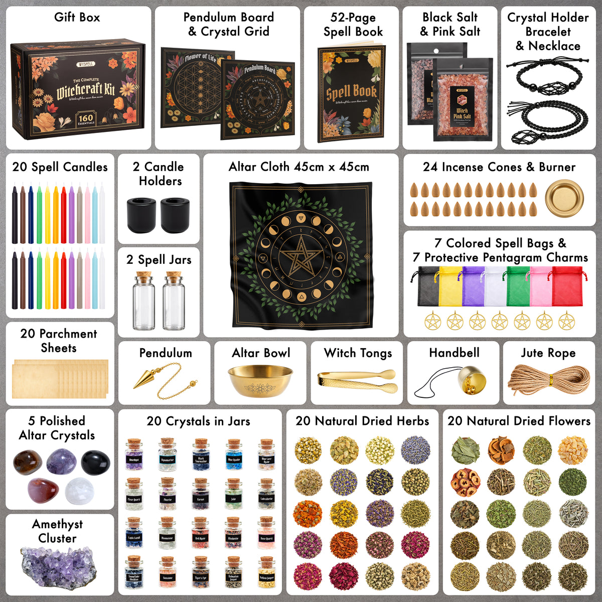 Contents of the Floral 160-piece Witchcraft Kit, including crystals, herbs, flowers and ritual tools