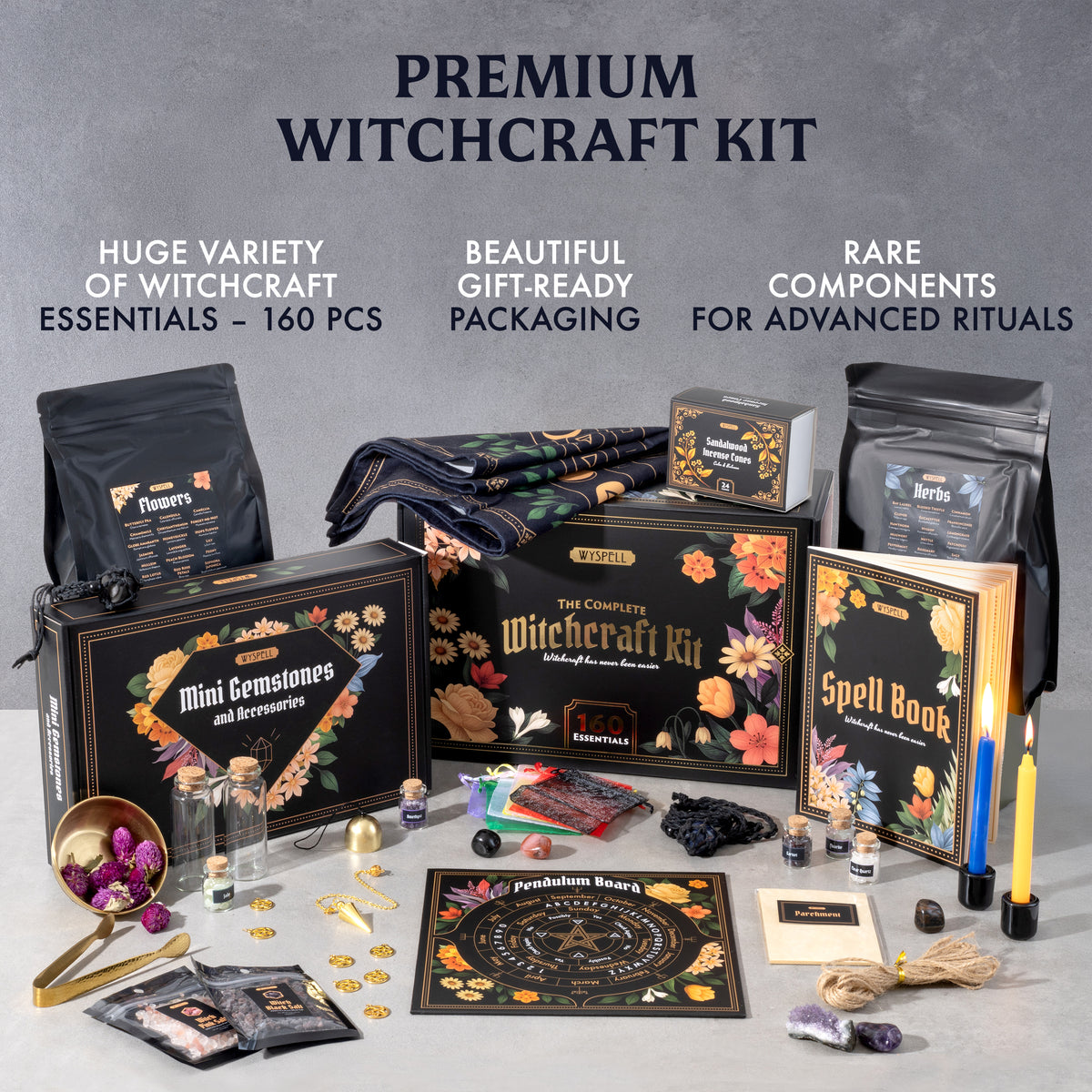 Floral 160-piece Witchcraft Kit with gift packaging and ritual accessories
