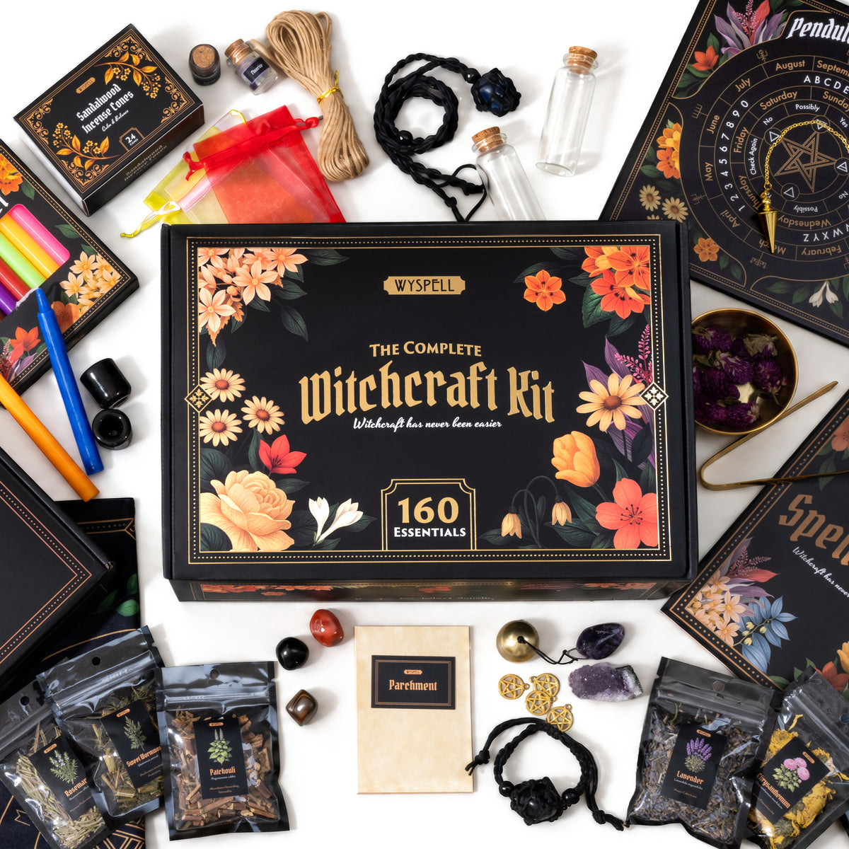 Wyspell 160-piece Complete Witchcraft Kit in Floral packaging with included tools and supplies
