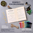 Open 52-page witchcraft guidebook with spell bags, jars and charms