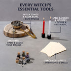 Witchcraft kit tools including altar bowl, tongs, bell, candles, holders and parchment