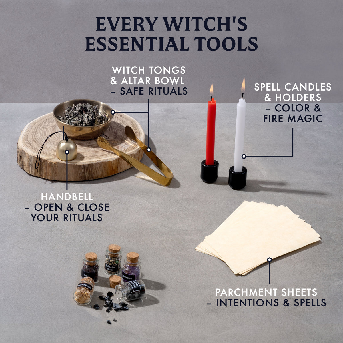 Witchcraft kit tools including altar bowl, tongs, bell, candles, holders and parchment