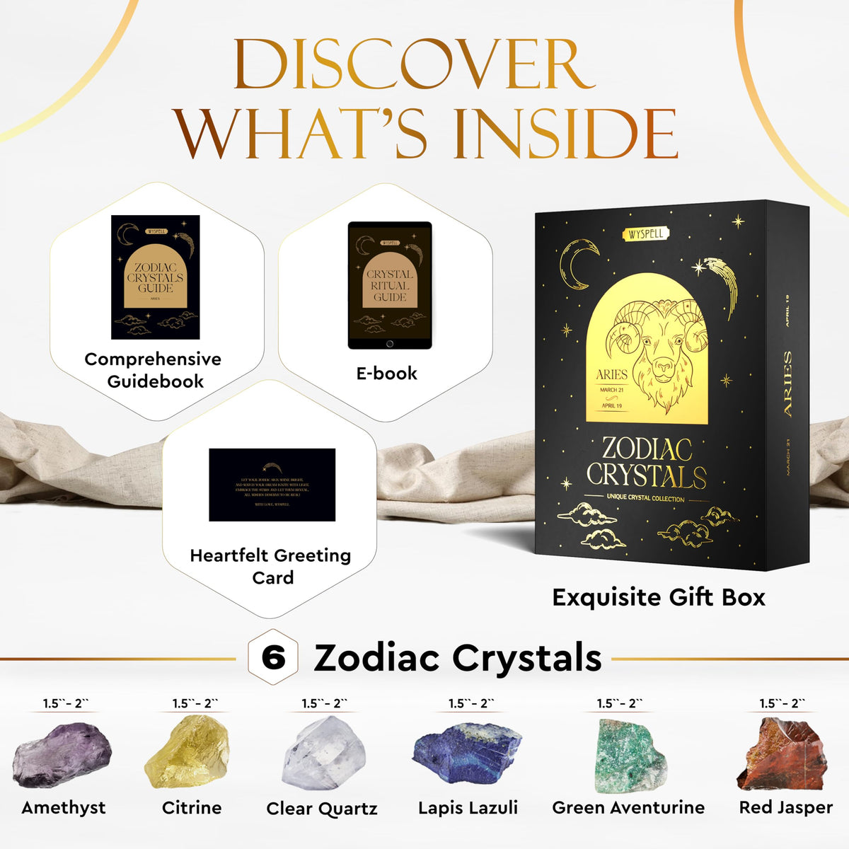 Wyspell Aries zodiac crystal set contents with six named stones, guide and gift packaging
