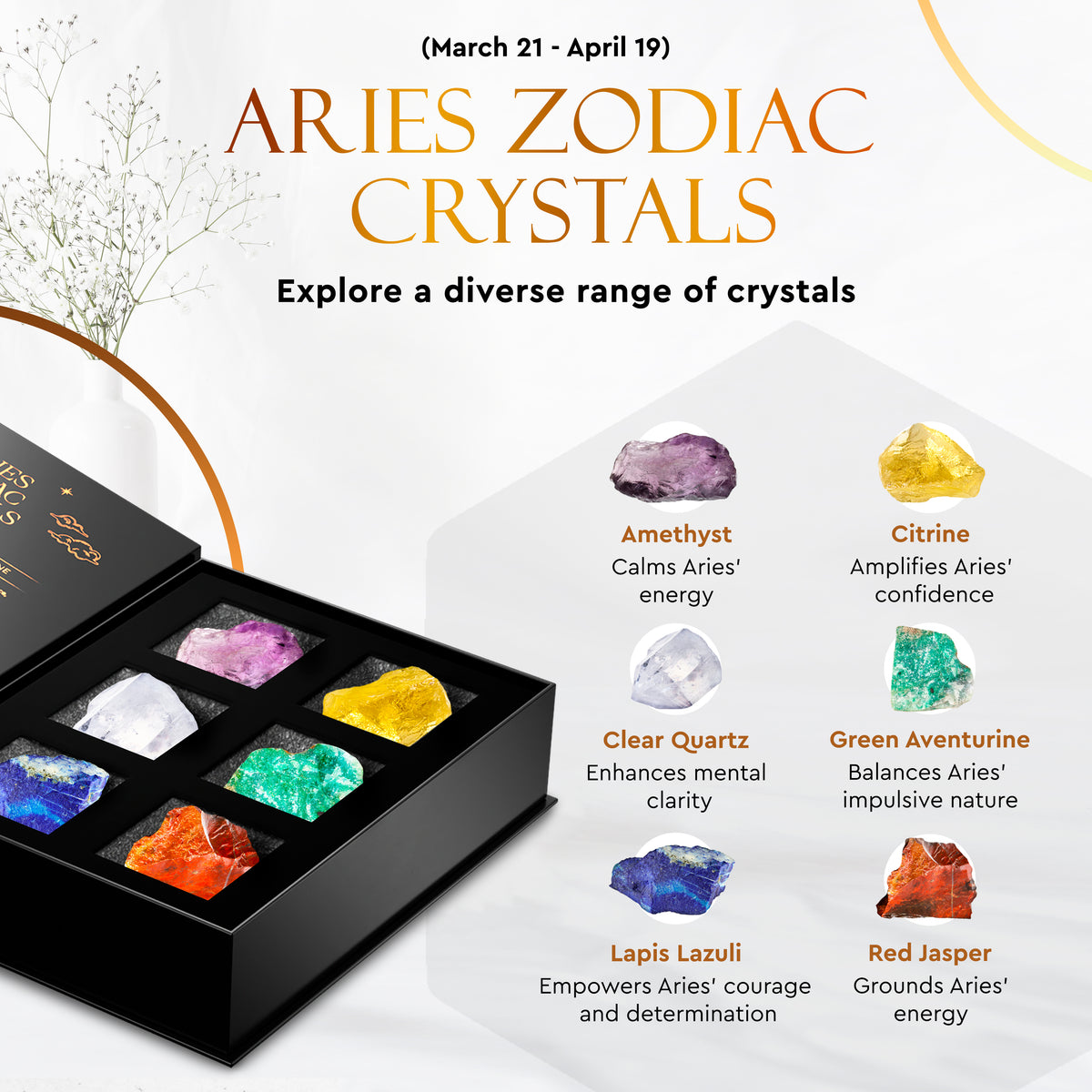 Wyspell Aries zodiac crystal set — six named stones and zodiac presentation