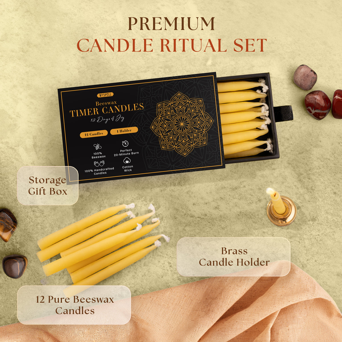 Contents of the Wyspell 12-pack: beeswax candles, one brass holder and storage gift box