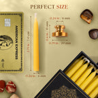 Wyspell 12-pack candle and brass holder dimensions with a card for scale