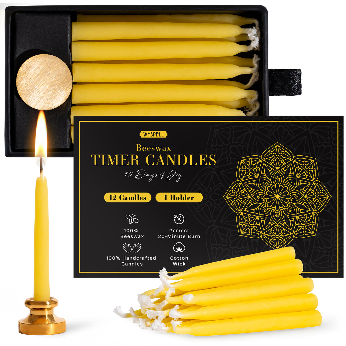 Wyspell 12-pack beeswax timer candles with one brass holder and gift box