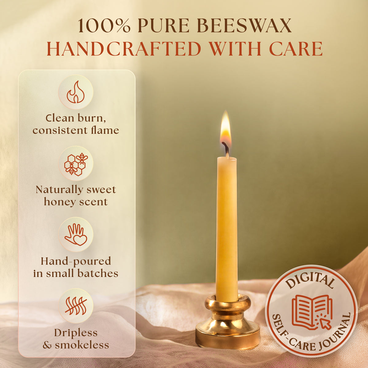 Wyspell pure beeswax candle and brass holder with digital self-care journal