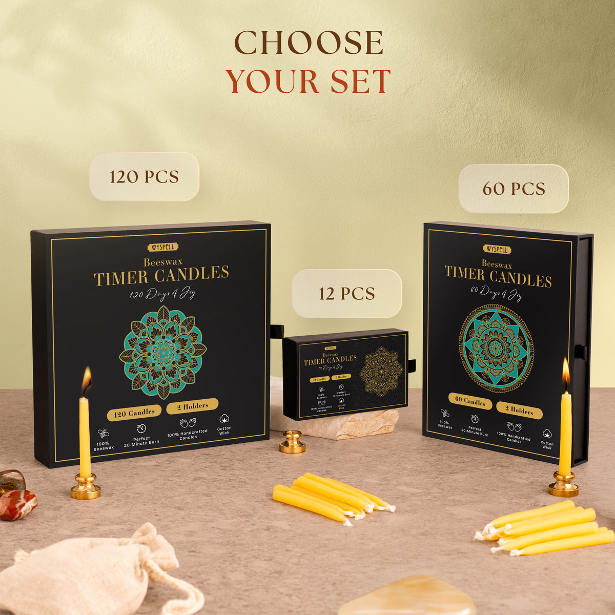 Wyspell beeswax candle set comparison: 12, 60 and 120 packs
